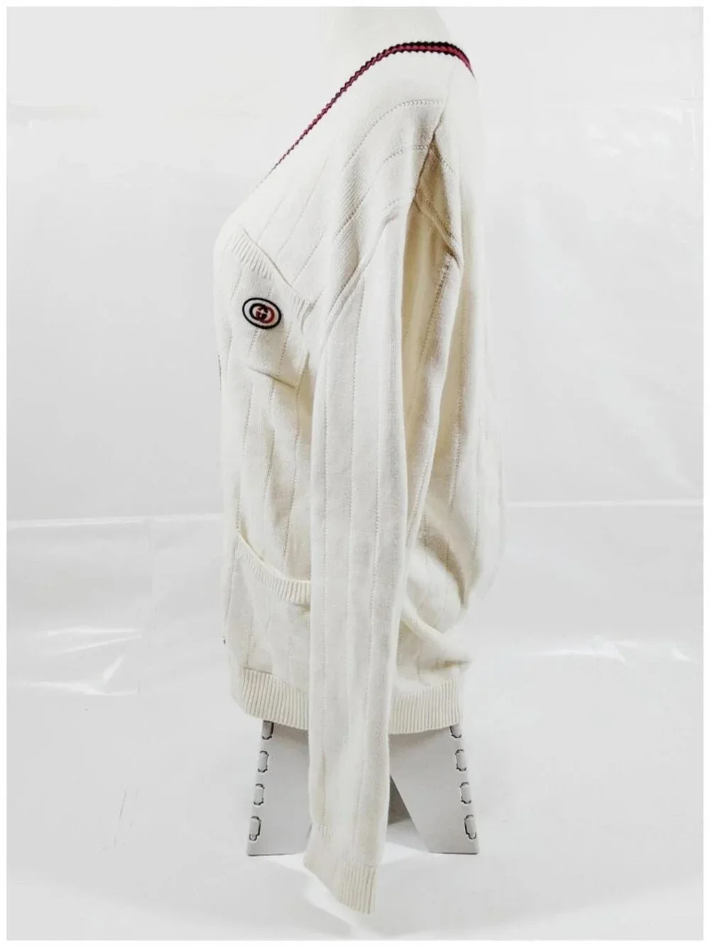 Gucci Web Stripe V-Neck Cardigan Ivory Red Navy Gold Button Luxury Sweater